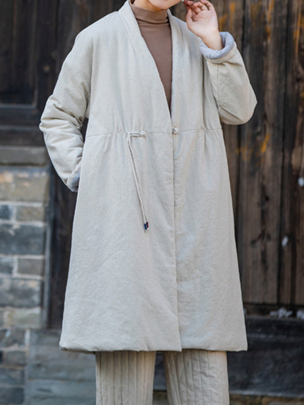 xakxx Long Sleeves Loose Cotton-Padded Clothes Drawstring Quilted Solid Color Velvet V-Neck Outerwear Padded Coat