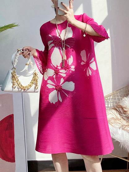 xakxx Flared Sleeves Loose Floral Printed Round-Neck Midi Dresses