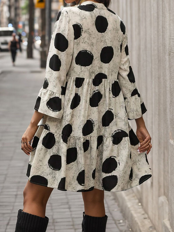 xakxx A-Line Flared Sleeves Pleated Polka-Dot Split-Joint V-Neck Mini Dresses