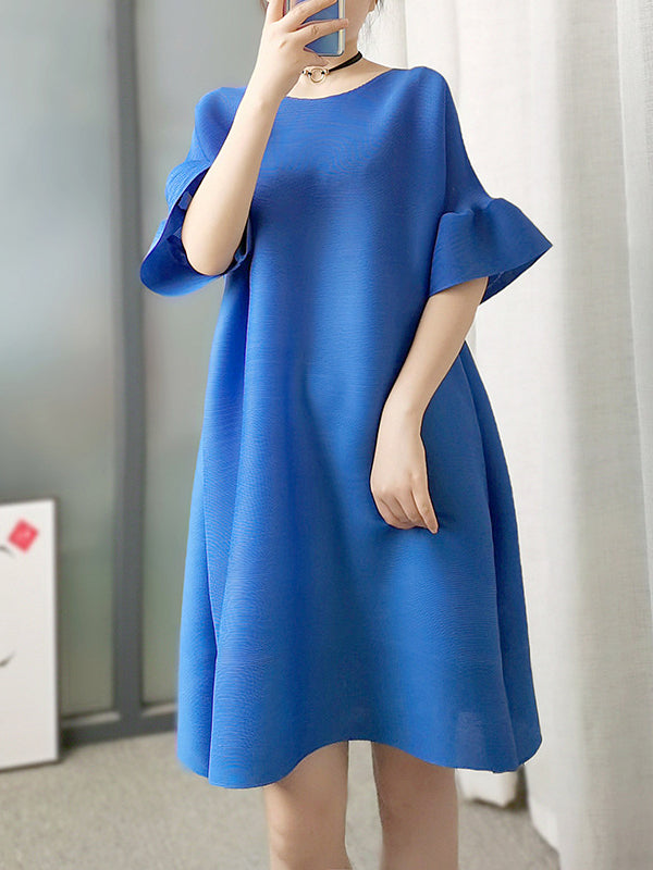 xakxx Stylish Selection Flared Sleeves A-Line Pleated Solid Color Round-Neck Midi Dresses