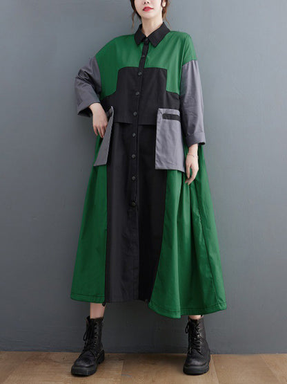xakxx Vintage Loose Long Sleeves Contrast Color Polo Midi Dresses