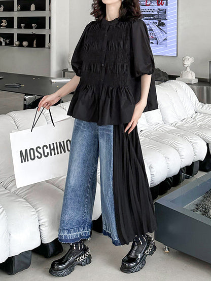 xakxx Loose Ninth Pants Contrast Color Pleated Split-Joint Jean Pants Bottoms