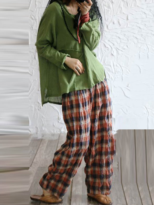 xakxx Casual Ramie Cotton Plaid Wide Leg Loose Pants