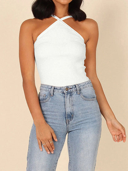 xakxx Skinny Sleeveless Solid Color Halter-Neck Vest Top