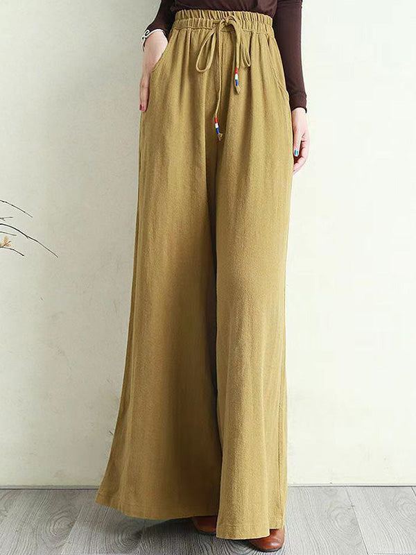 xakxx Artistic Ramie Cotton Drawstring Elasticity Loose Wide-Leg Pants