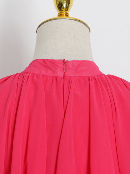 xakxx Loose Raglan Sleeve Solid Color Tiered Stand Collar Maxi Dresses