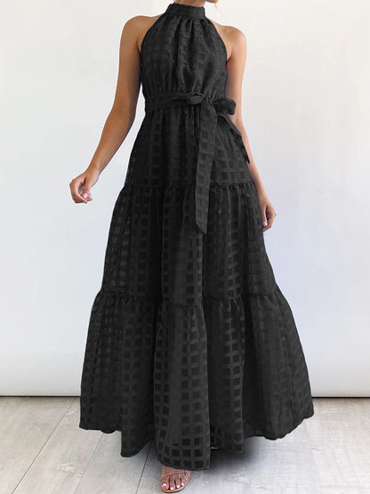 xakxx Loose Sleeveless Plaid Ribbed Stand Collar Maxi Dresses