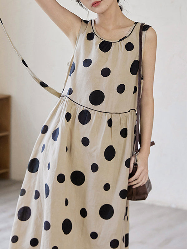 xakxx Loose Sleeveless Contrast Color Pleated Polka-Dot Split-Joint Tied Waist Round-Neck Midi Dresses