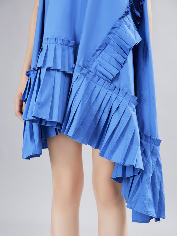 xakxx Flying Sleeves Loose Asymmetric Pleated Solid Color Split-Joint Round-Neck Midi Dresses
