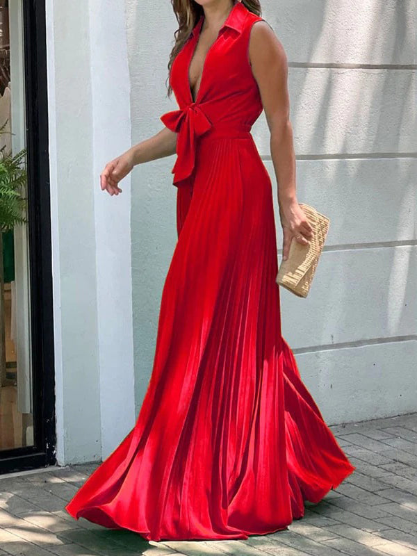 xakxx Simple Long Sleeves Lace-Up Pleated Solid Color Deep V-Neck Jumpsuits