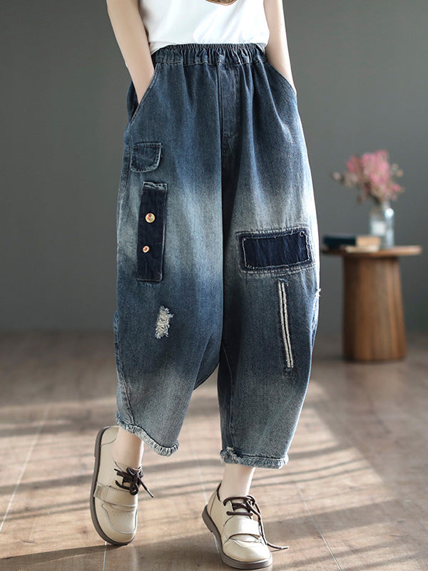 xakxx Vintage Hollow Elasticity Applique Ninth Jean Harem Pants Bottoms