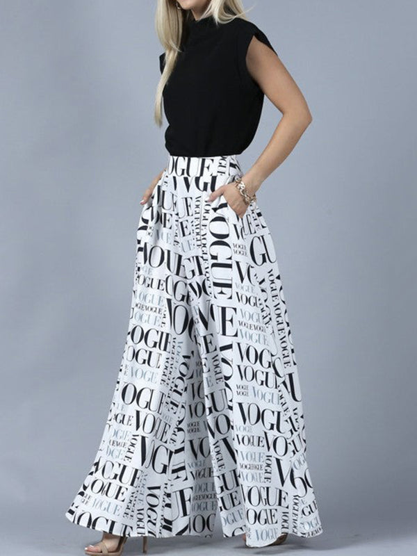 xakxx Loose Wide Leg High-Waisted Letter Print Split-Joint Pants Trousers