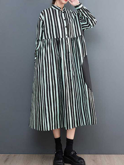 xakxx Long Sleeves Loose Buttoned Split-Joint Striped Mock Neck Midi Dresses