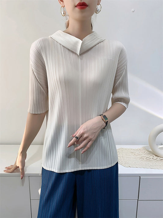 xakxx Half Sleeves Hooded Pleated Solid Color Mock Neck T-Shirts Tops