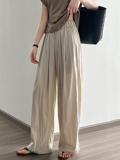 xakxx High Waisted Wide Leg Elasticity Pleated Solid Color Casual Pants Bottoms Trousers