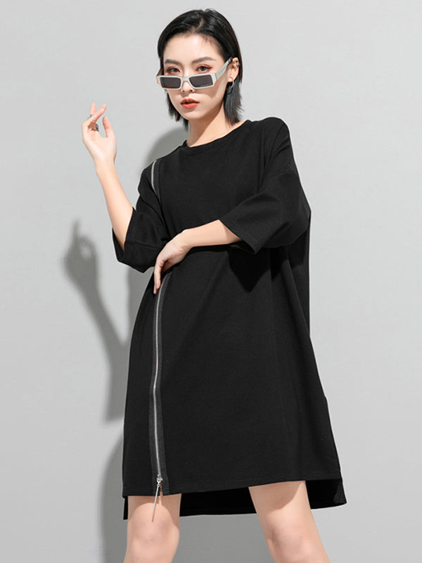 xakxx Original Black Zipper Batwing Sleeve Round-Neck Mini Dress