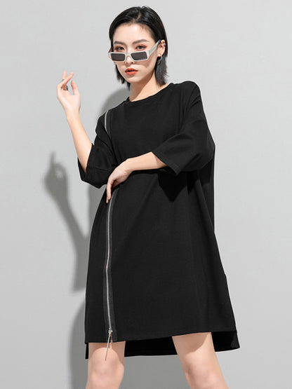 xakxx Original Black Zipper Batwing Sleeve Round-Neck Mini Dress