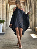 xakxx Stylish Loose High-Low Batwing Sleeves Black Midi Dress