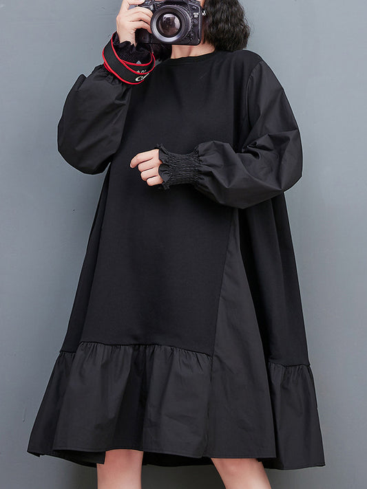xakxx Loose Puff Sleeves Pleated Solid Color Split-Joint Round-neck Midi Dresses