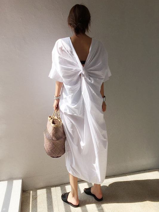 xakxx Casual Half Sleeves Loose Pleated Solid Color V-Neck Midi Dresses