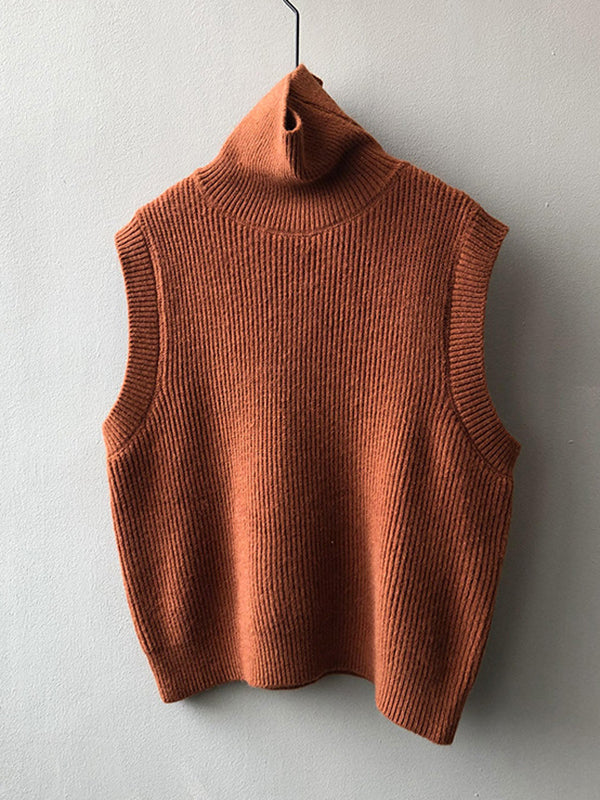 xakxx Casual Loose Sleeveless Solid Color High-Neck Sweater Vest Outerwear
