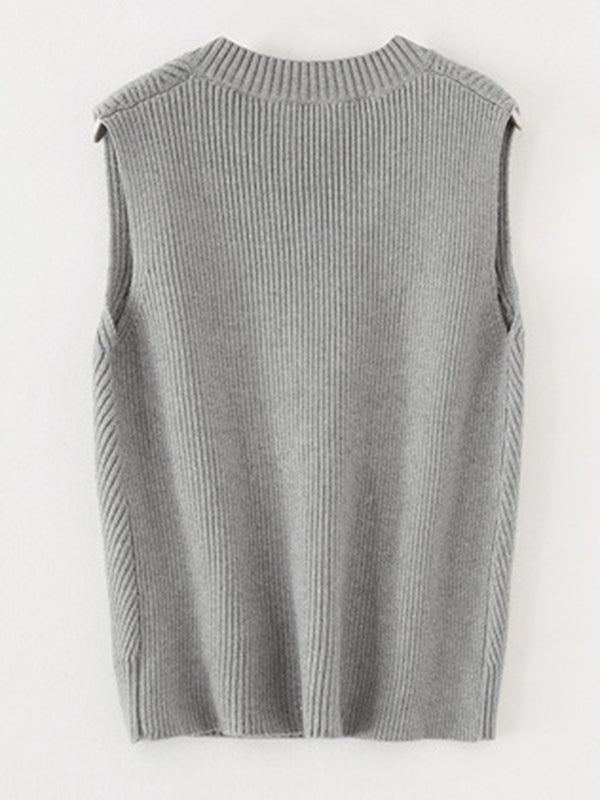 xakxx Casual Sleeveless Loose Solid Color V-Neck Vest Outerwear