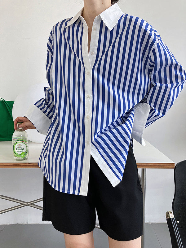 xakxx Simple Long Sleeves Contrast Color Striped Lapel Blouse Top