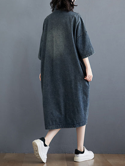 xakxx Denim Split-Joint Plus Size Half Sleeve Lapel Shirt Dress