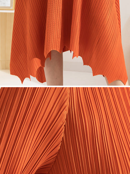 xakxx Irregular Clipping Loose Pleated Solid Color Round-Neck Midi Dresses