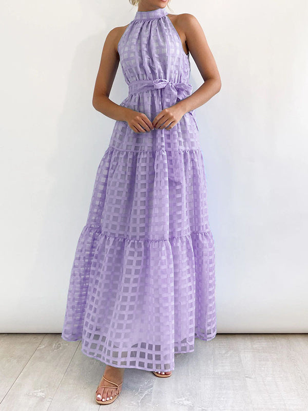 xakxx Loose Sleeveless Plaid Ribbed Stand Collar Maxi Dresses