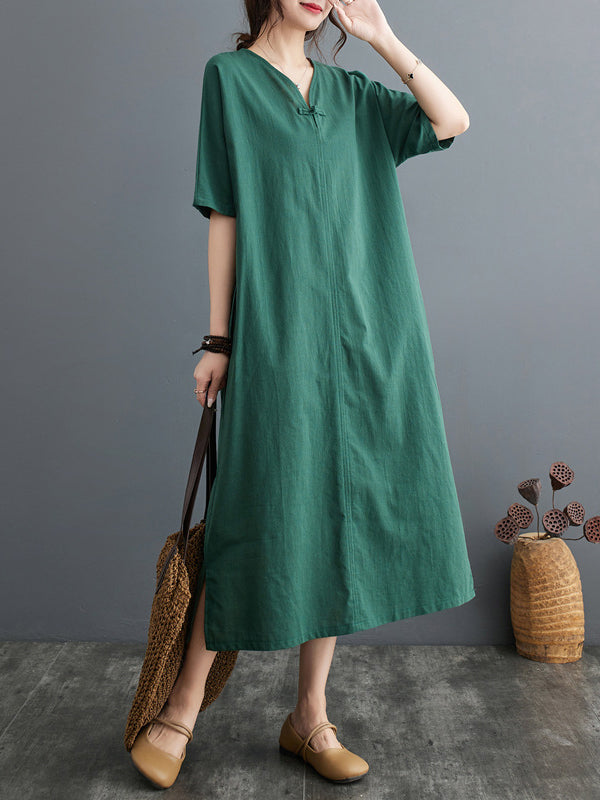 xakxx A-Line Loose Chinese Frog Buttons Pockets Solid Color Split-Side V-Neck Midi Dresses