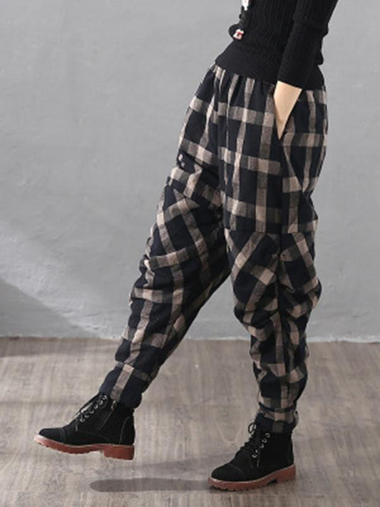 xakxx Vintage Plaid Thickening Pleated Harem Pants