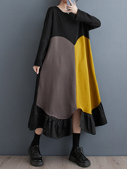 xakxx A-Line Long Sleeves Contrast Color Pleated Split-Front Split-Joint Round-Neck Midi Dresses