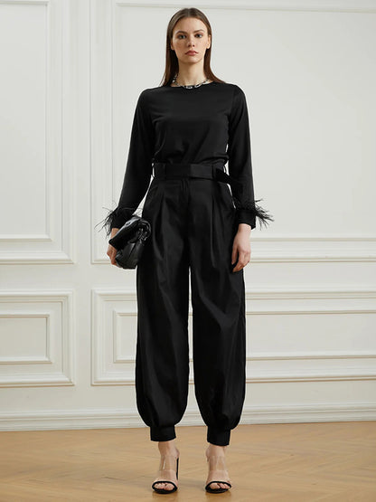 xakxx Simple High Waisted Black Casual Harem Pants Bottoms