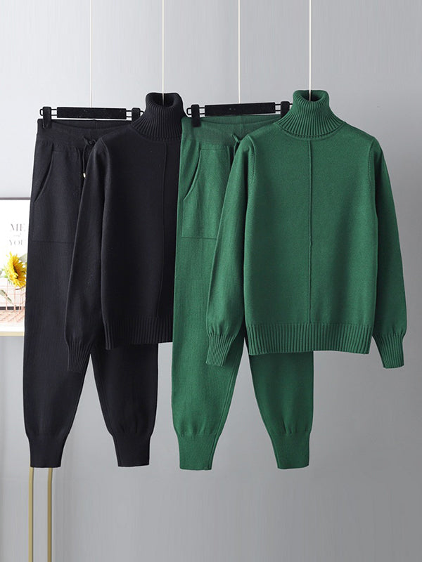 xakxx Casual Solid Long Sleeves High-Neck Sweater Tops & Drawstring Wide Leg Pants Suits