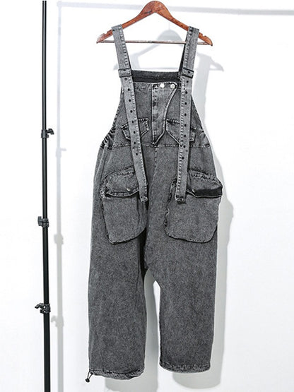 xakxx Loose Sleeveless Pockets Split-Joint Jean Pants Bottoms Overalls