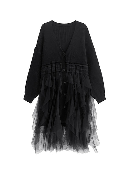 xakxx Long Sleeves Loose Buttoned Pleated Solid Color Split-Joint Tulle Velvet V-Neck Cardigan Tops
