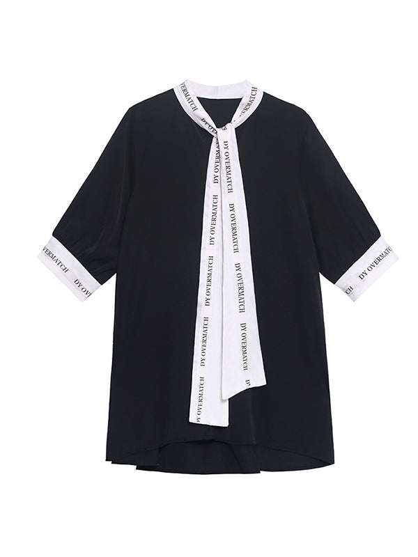 xakxx Loose Short Sleeves Contrast Color Lace-Up Letter Print Split-Joint Stand Collar Blouses