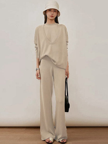 xakxx xakxx-Urban Loose Solid Round-Neck Vest Top& V-Neck Sweater Tops& Wide Leg Pants Three-Piece Set