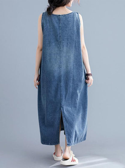 xakxx Loose Sleeveless Denim V-Neck Midi Dress