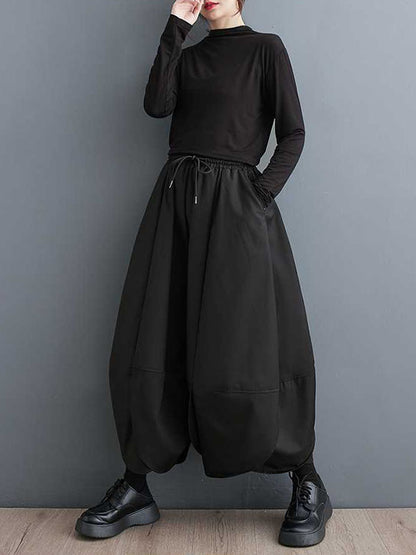 xakxx High Waisted Loose Drawstring Pleated Solid Color Pants Trousers