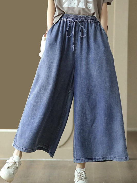 xakxx High Waisted Ninth Pants Drawstring Elasticity Pockets Wide Leg Jean Pants