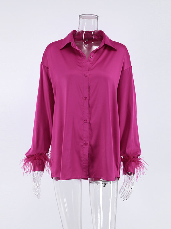 xakxx Loose Wrap Feathers Solid Color Split-Joint Lapel Collar Blouses&Shirts Tops