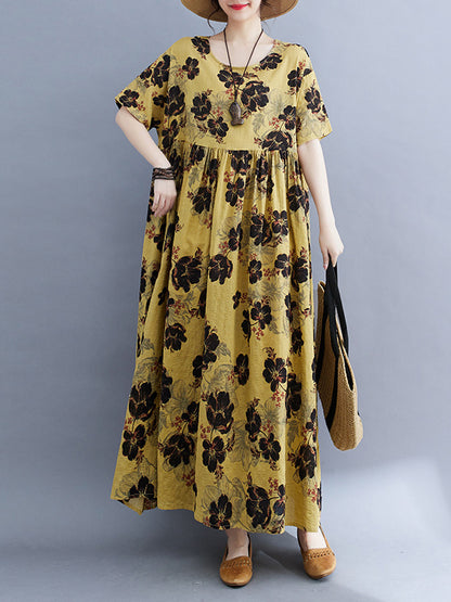 xakxx Loose Short Sleeves Pleated Printed Split-Joint Round-Neck Midi Dresses