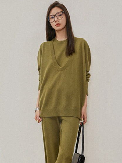 xakxx xakxx-Urban Loose Solid Round-Neck Vest Top& V-Neck Sweater Tops& Wide Leg Pants Three-Piece Set