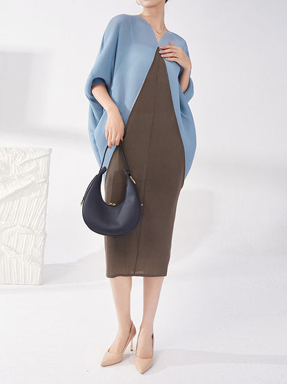 xakxx Batwing Sleeves Loose Contrast Color Pleated Round-Neck Midi Dresses