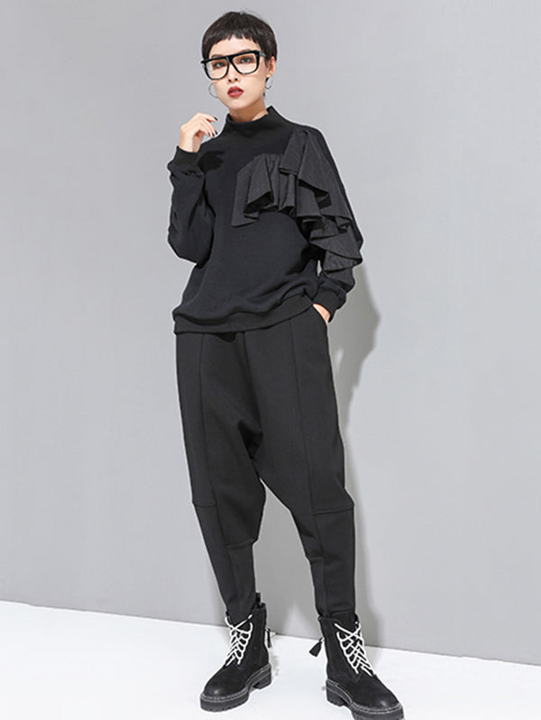 xakxx Stylish Black Velvet Split-Joint Harem Pants