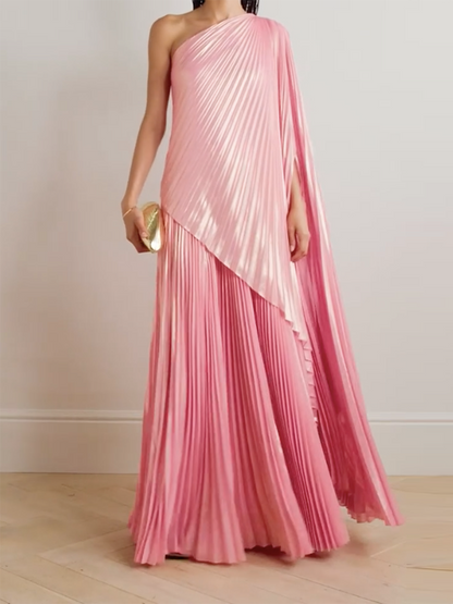 xakxx Loose Asymmetric Pleated One-Shoulder Maxi Dresses