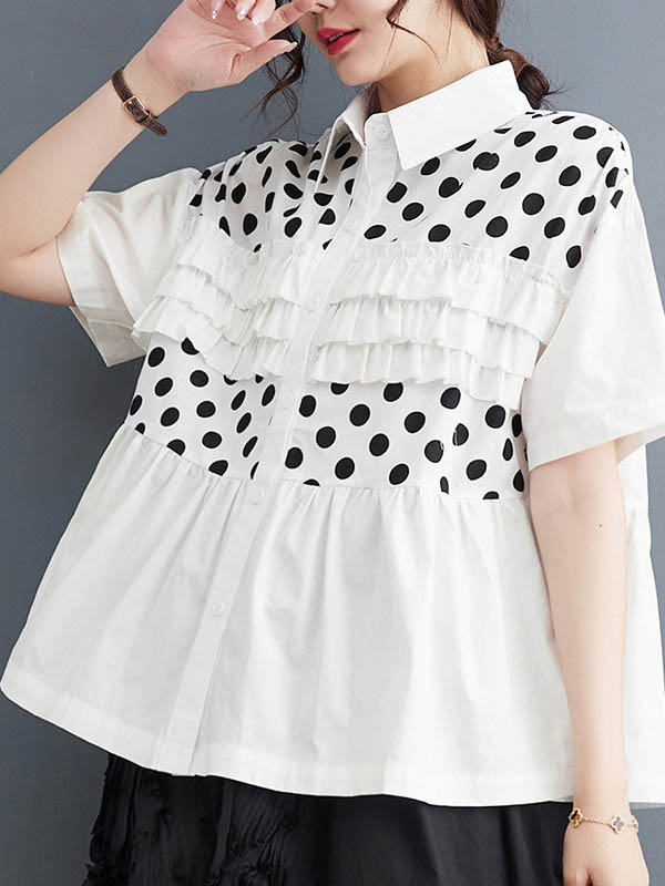 xakxx Loose Short Sleeves Contrast Color Pleated Polka-Dot Split-Joint Lapel Blouses