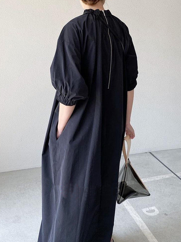 xakxx Simple Solid Color Stand Collar Loose Half Sleeve Dress